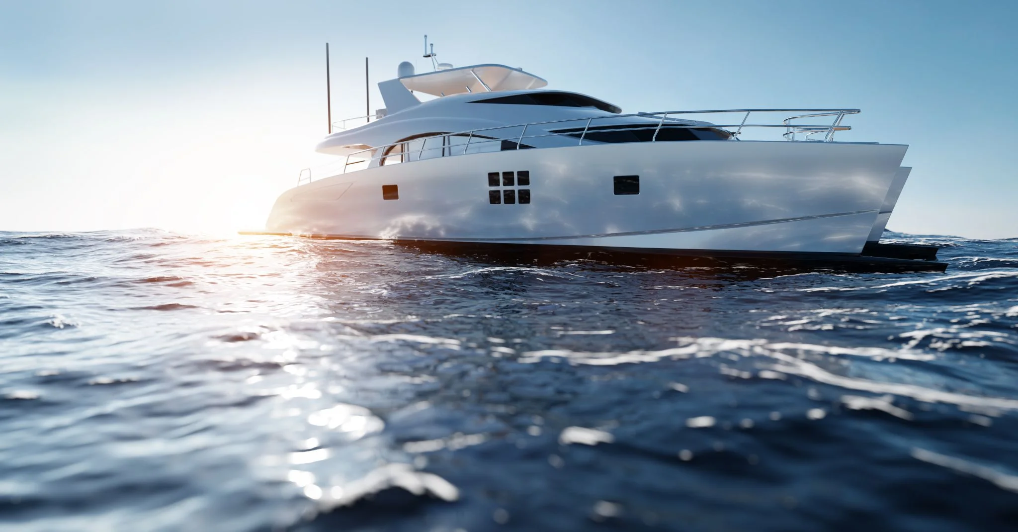 Catamaran motor yacht on the water on a sunny day in Istria, Croatia.