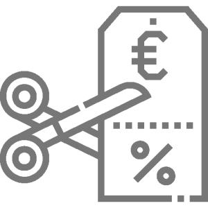 Icon of a price tag with a euro symbol and a pair of scissors indicating discounts